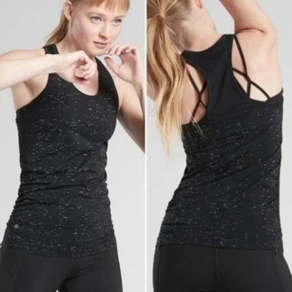 Athleta Speedlight Speckle Stretch Ruched Racerback Tank Black Speck Size S Yoga - Picture 1 of 14